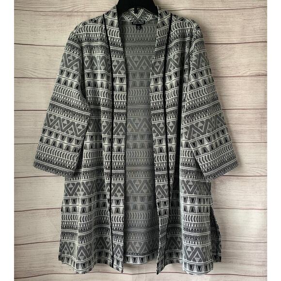 Roz & Ali Black White Long Cardigan Open Front Duster Geometric Aztec Size 1X - Picture 1 of 16